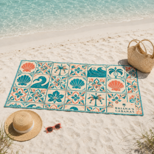 Briana’s Cabanas Coastal Tile Beach Towel | Retro Teal & Coral Resort Towel