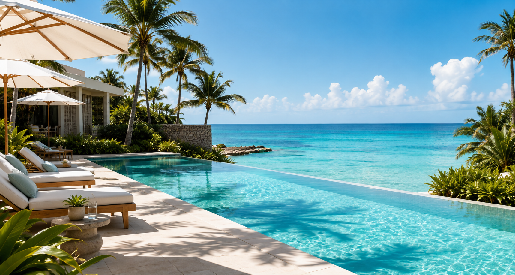 Luxury tropical infinity pool overlooking turquoise water