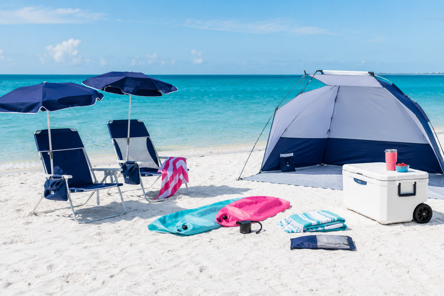 Portable chairs, shade and floaties for a Florida beach day