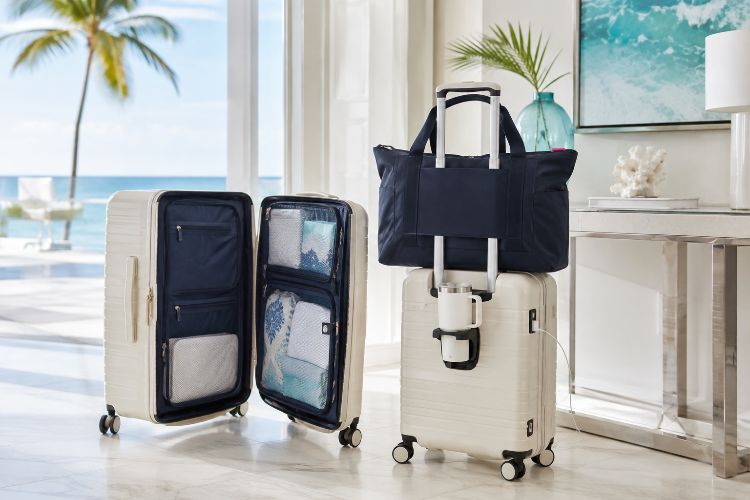 Hard-shell luggage and roomy personal item bag