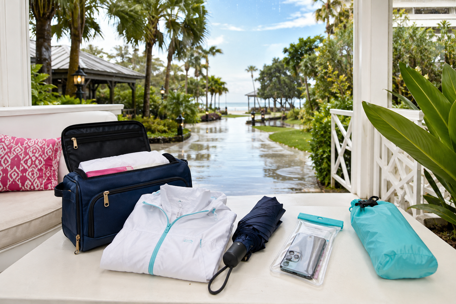 Packable Florida rain jacket and waterproof travel accessories