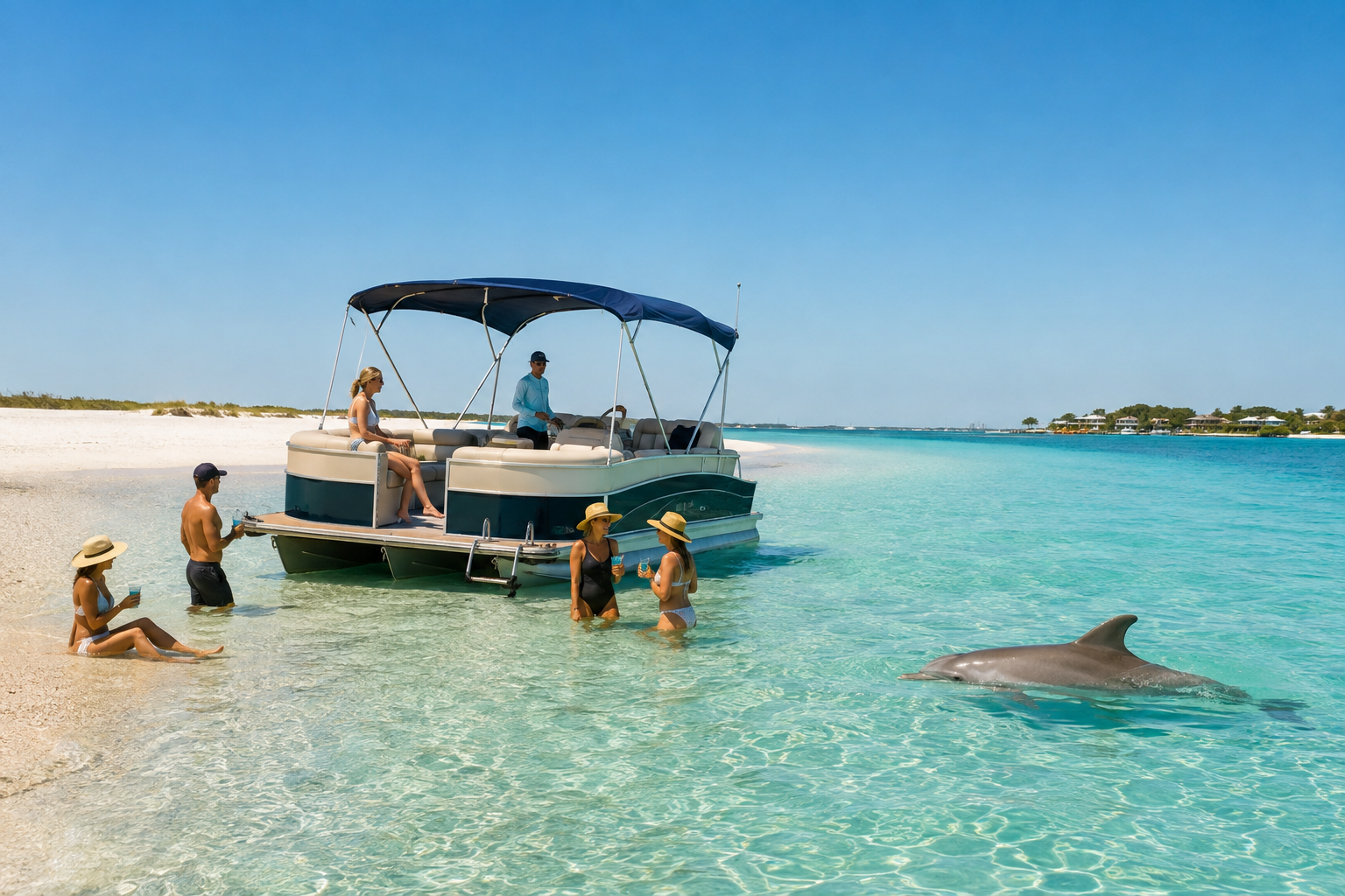 Private boat at a Sarasota sandbar with dolphins nearby