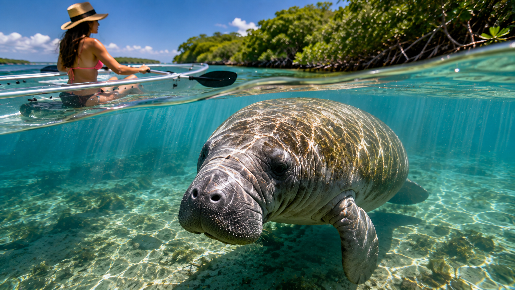 Manatee and kayaker in Florida water