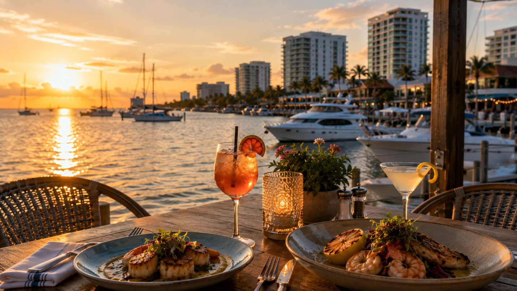 Waterfront dinner in Sarasota at sunset