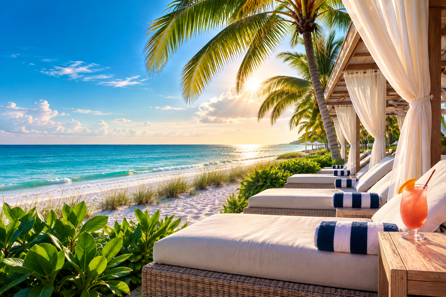 Luxury tropical beach resort with infinity pool, palm trees and turquoise water