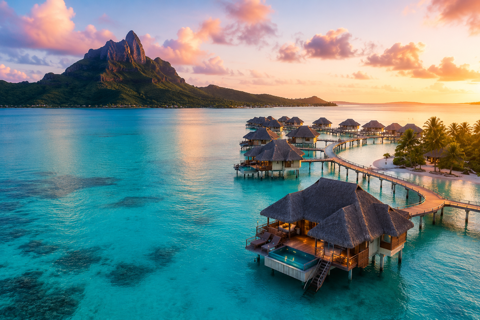 Overwater tropical resort surrounded by turquoise lagoon and dramatic island mountains