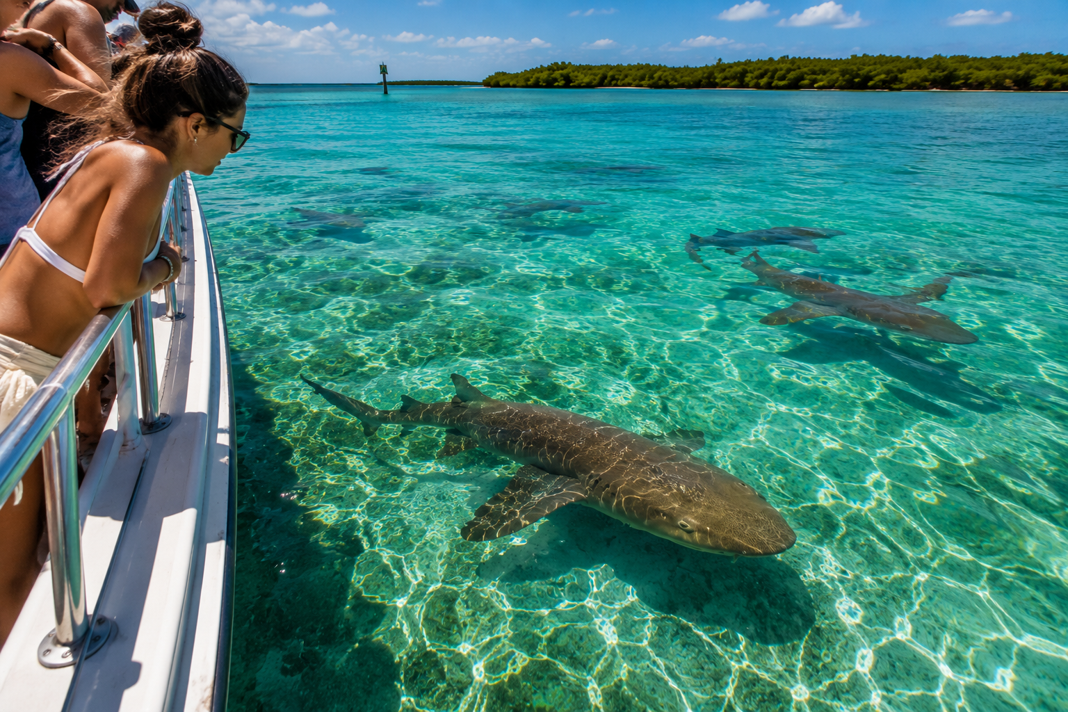Traveler watching sharks in turquoise water
