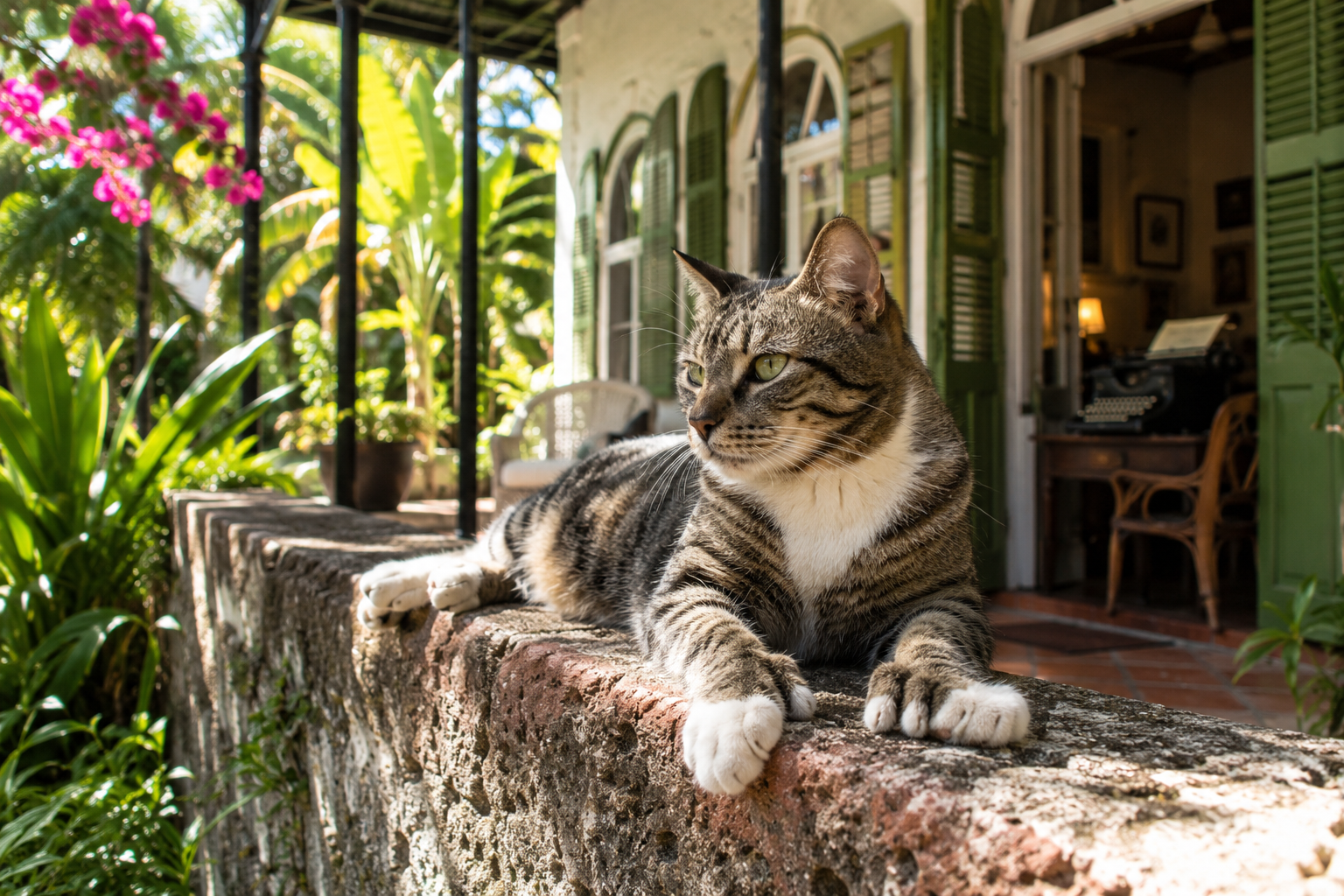 Polydactyl cat in a tropical historic Key West setting