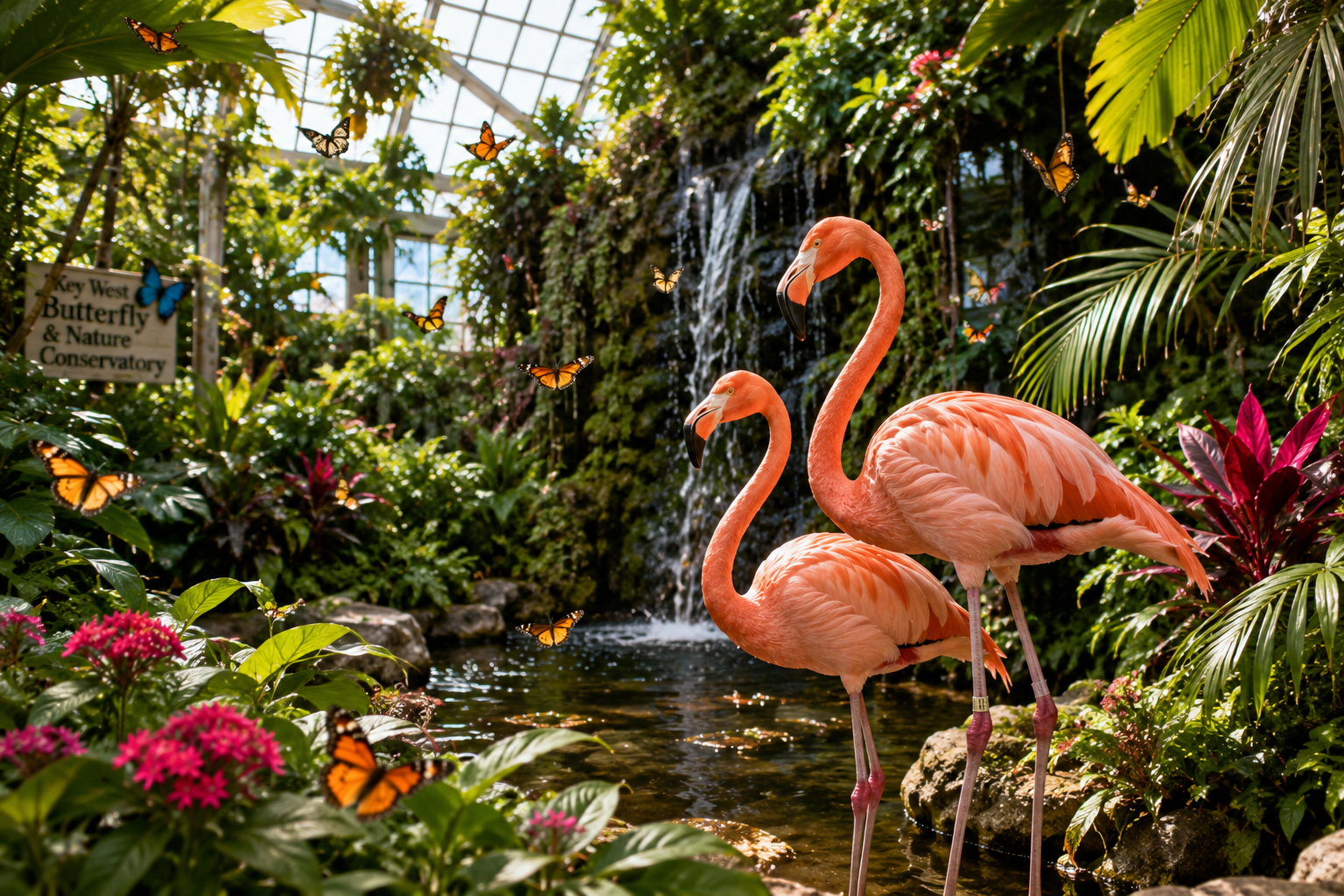 Flamingos and butterflies in tropical gardens