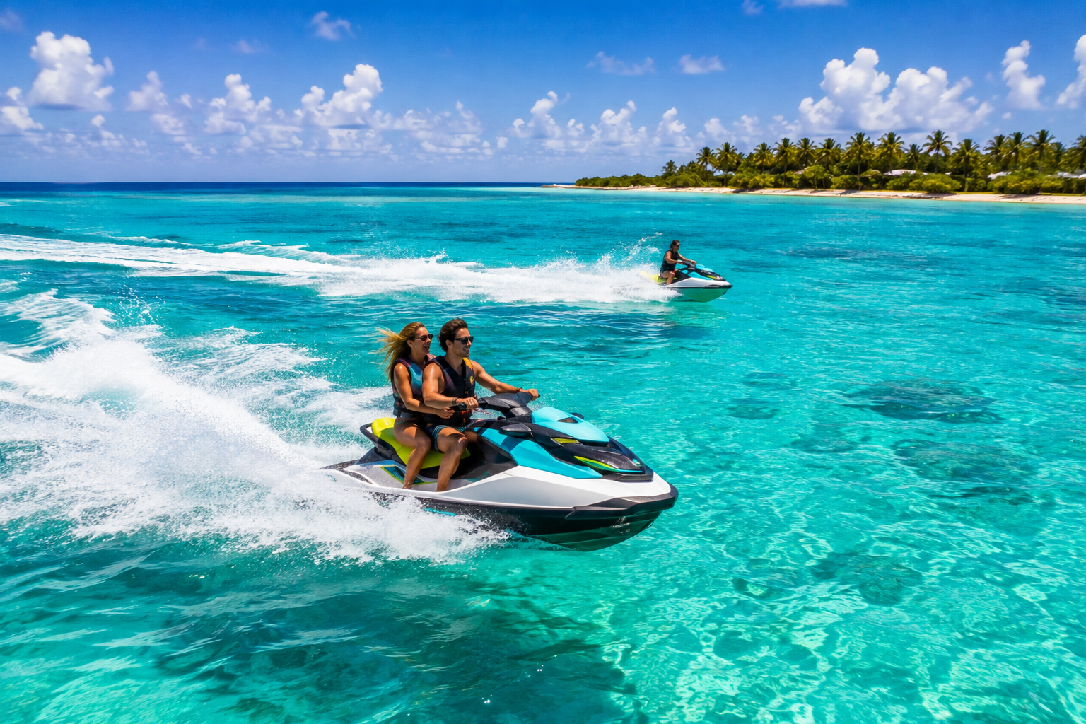 Couple riding a jet ski on turquoise tropical water