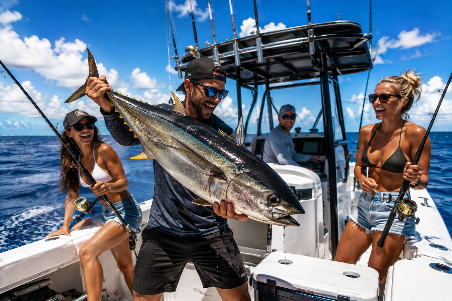 Friends enjoying an offshore fishing charter