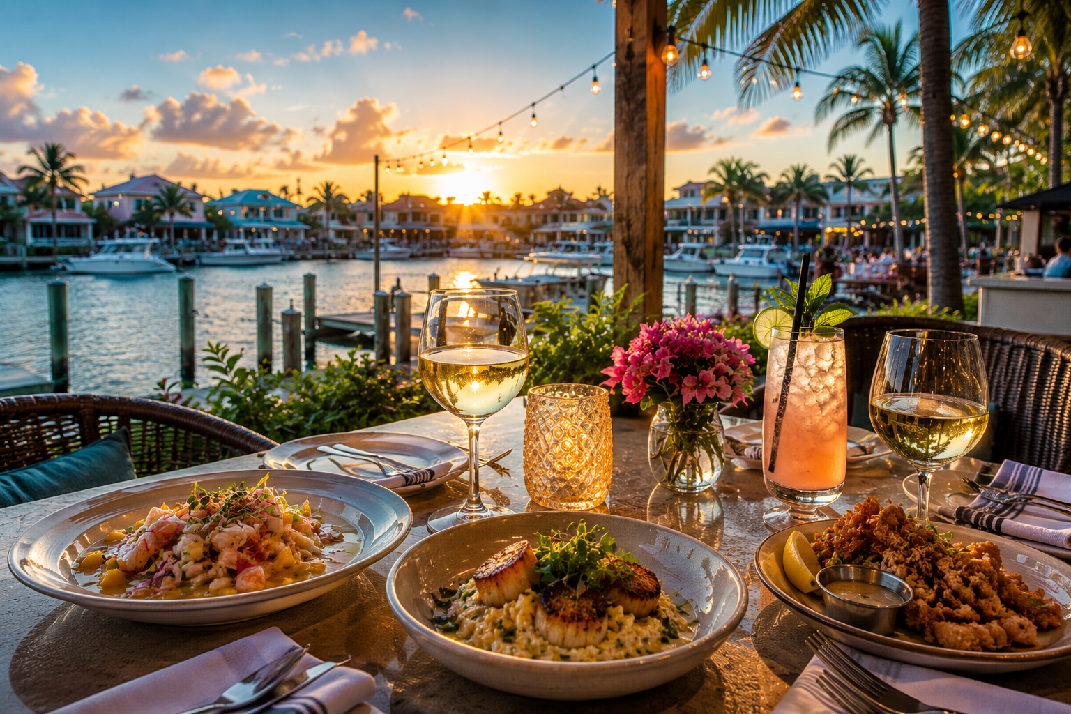 Waterfront dinner and marina at sunset