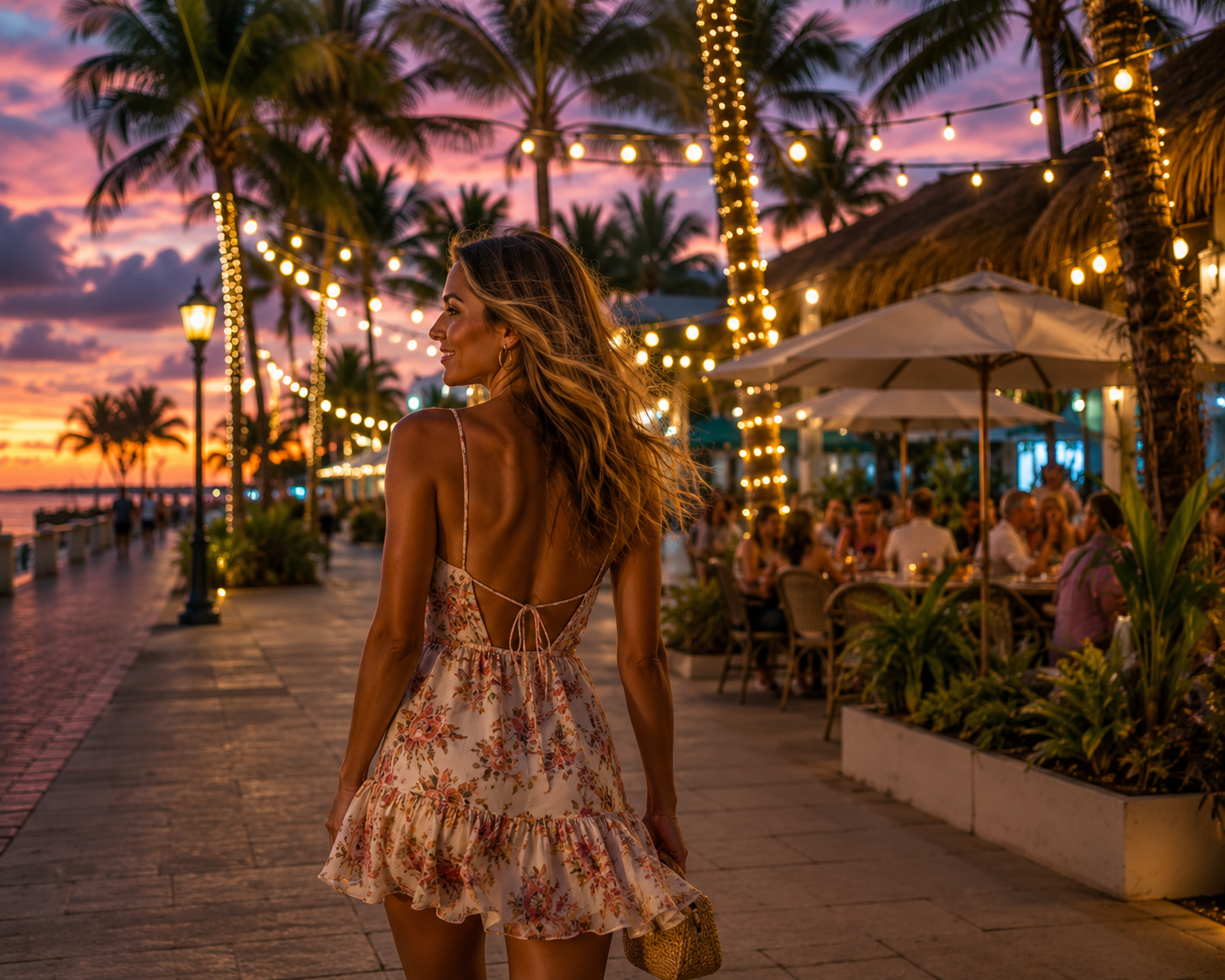 Woman in a summer dress enjoying a tropical Florida evening
