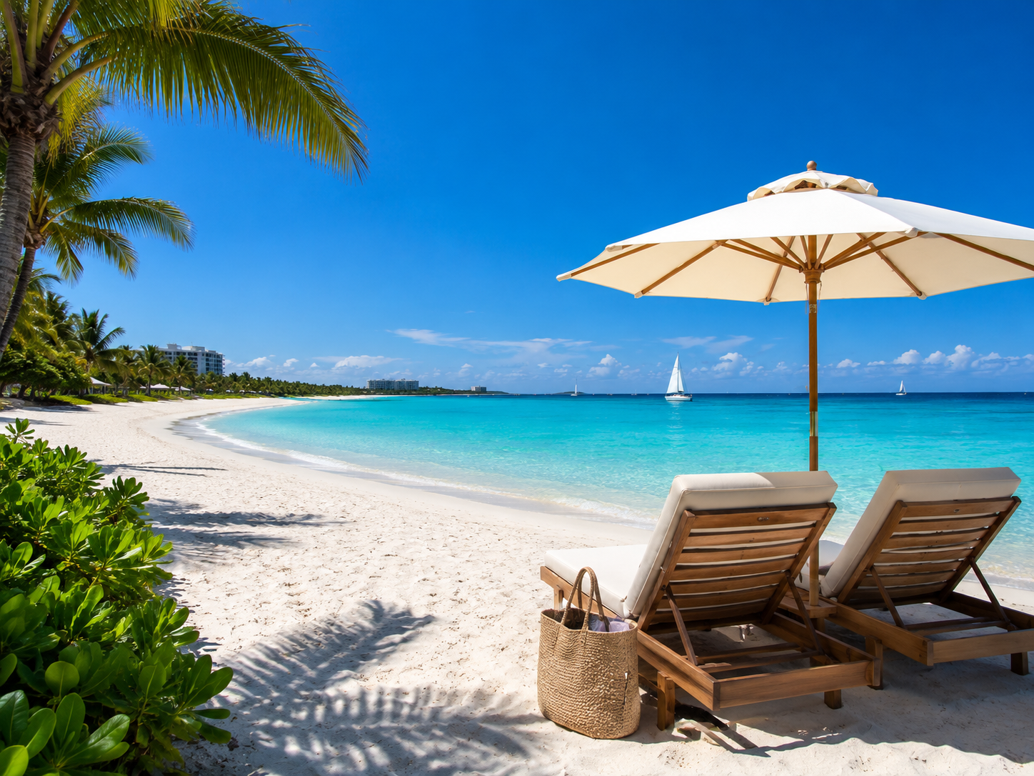 White sand Florida beach with turquoise water and beach loungers