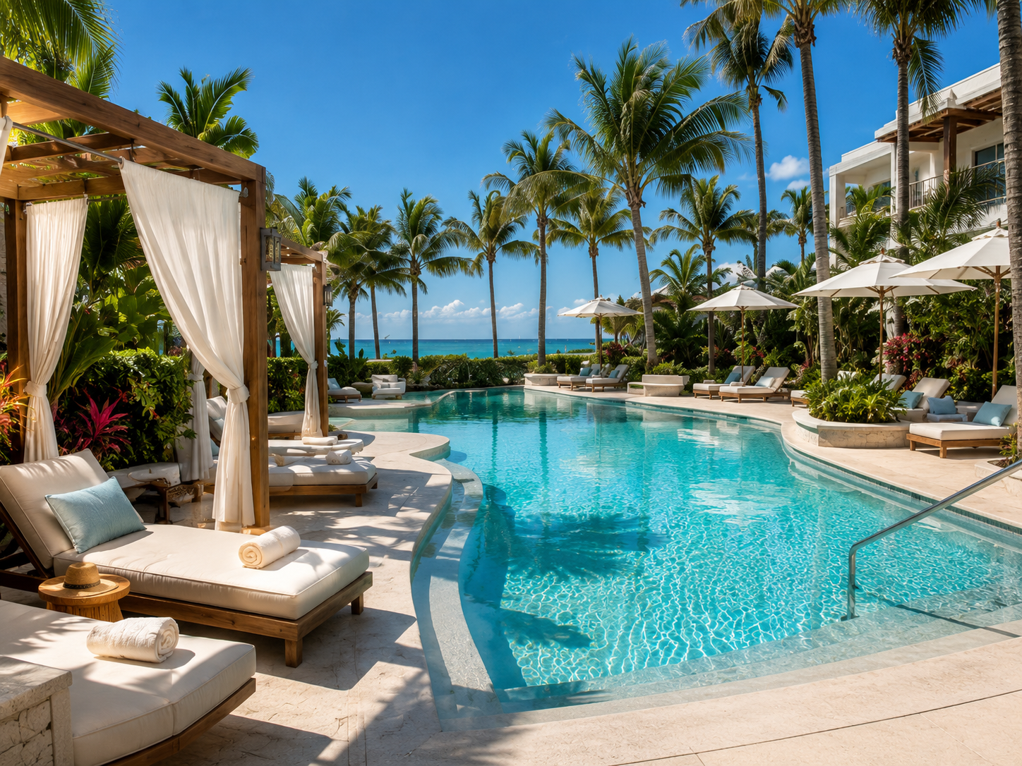 Luxury tropical Florida resort pool with palms and ocean views