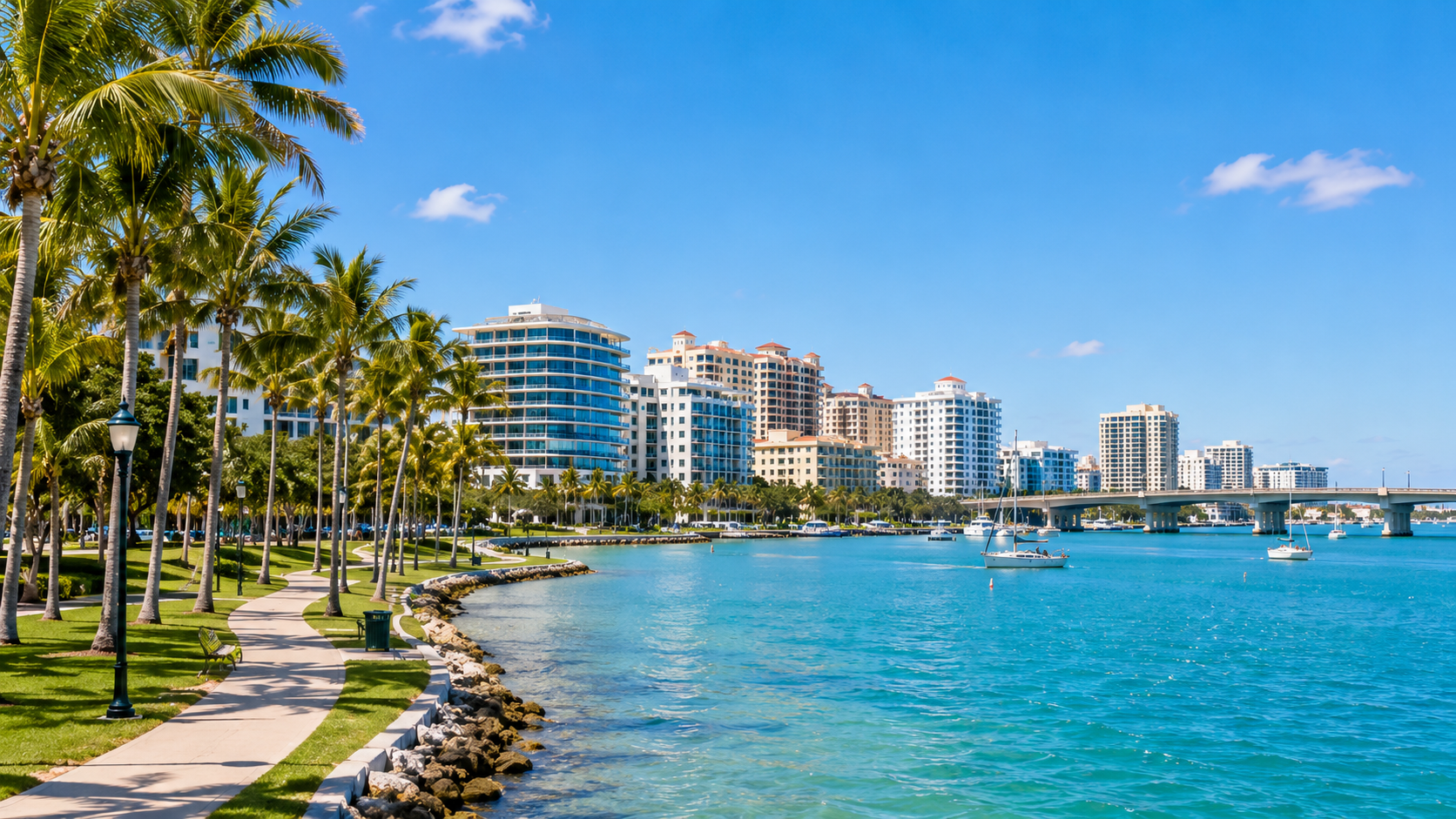 Sarasota waterfront with palms, blue water and skyline