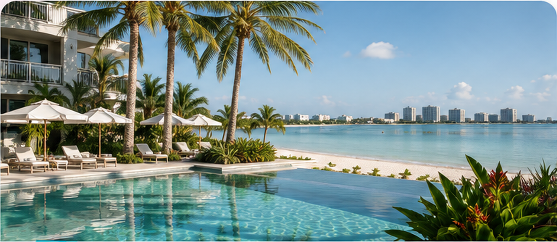 Waterfront Sarasota hotel with a tropical pool, palm trees and bay views
