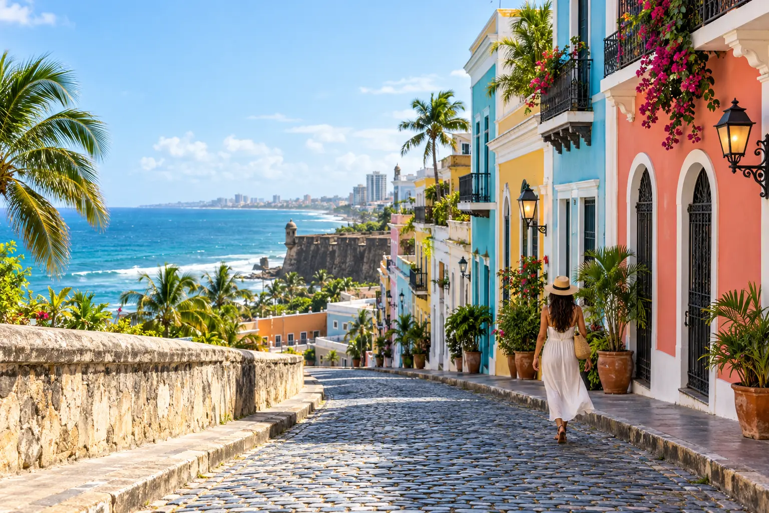 Turquoise Caribbean water, palms and the coast of Puerto Rico