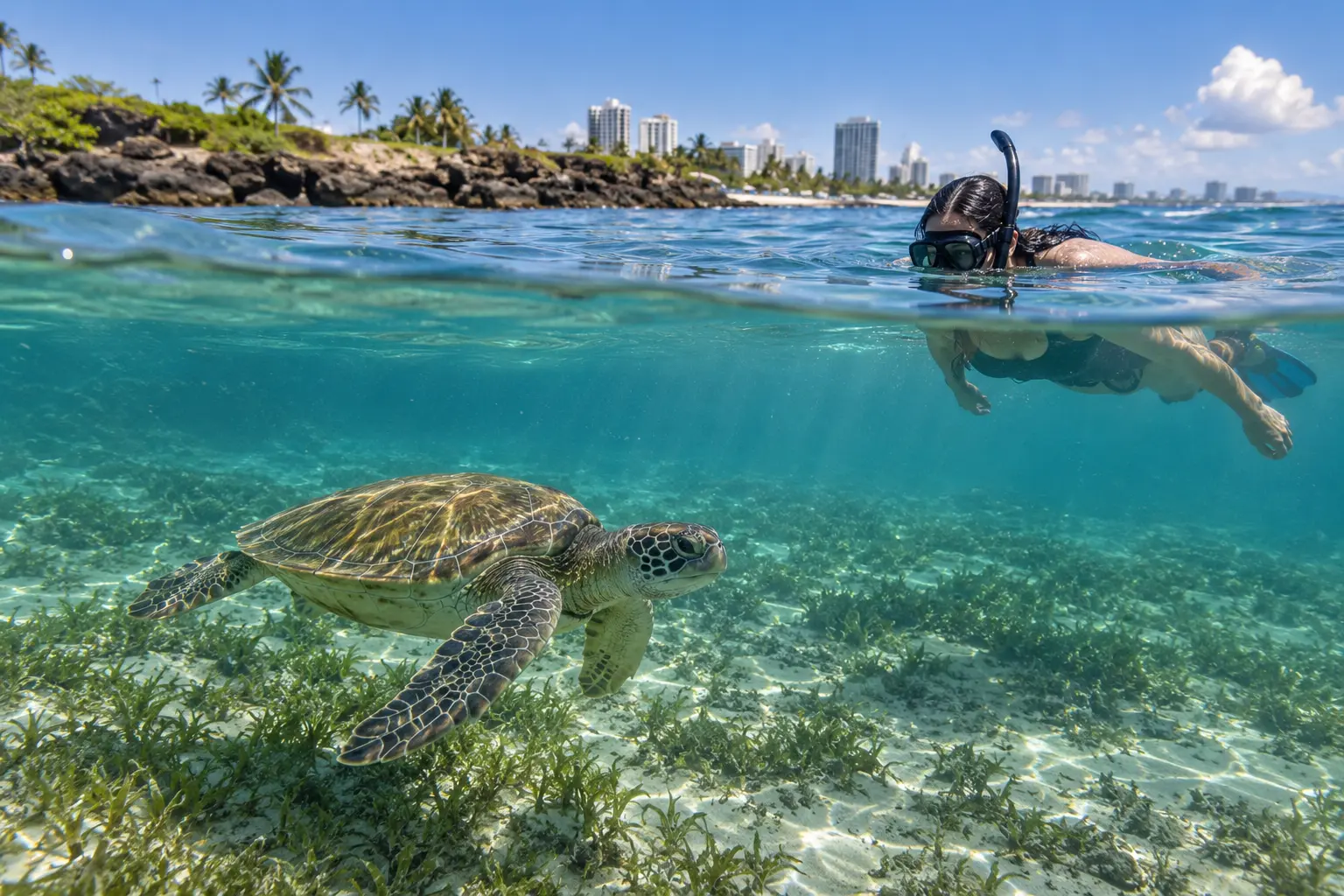 Representative sea turtle snorkeling near San Juan