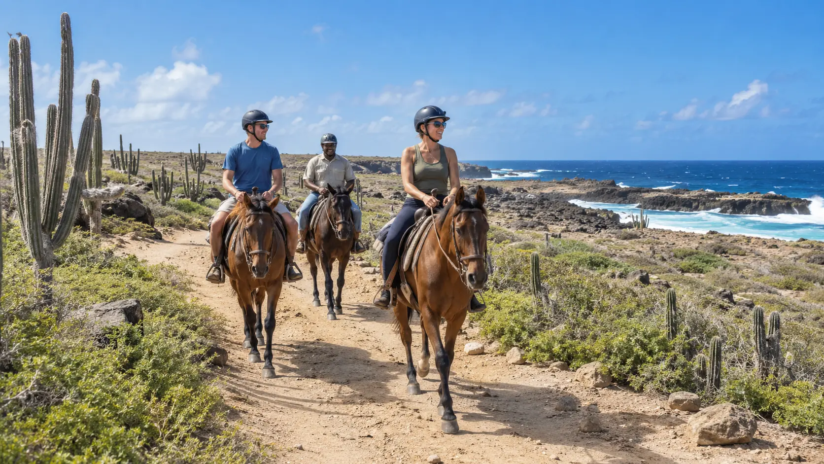 Representative horseback riding in rugged Aruba