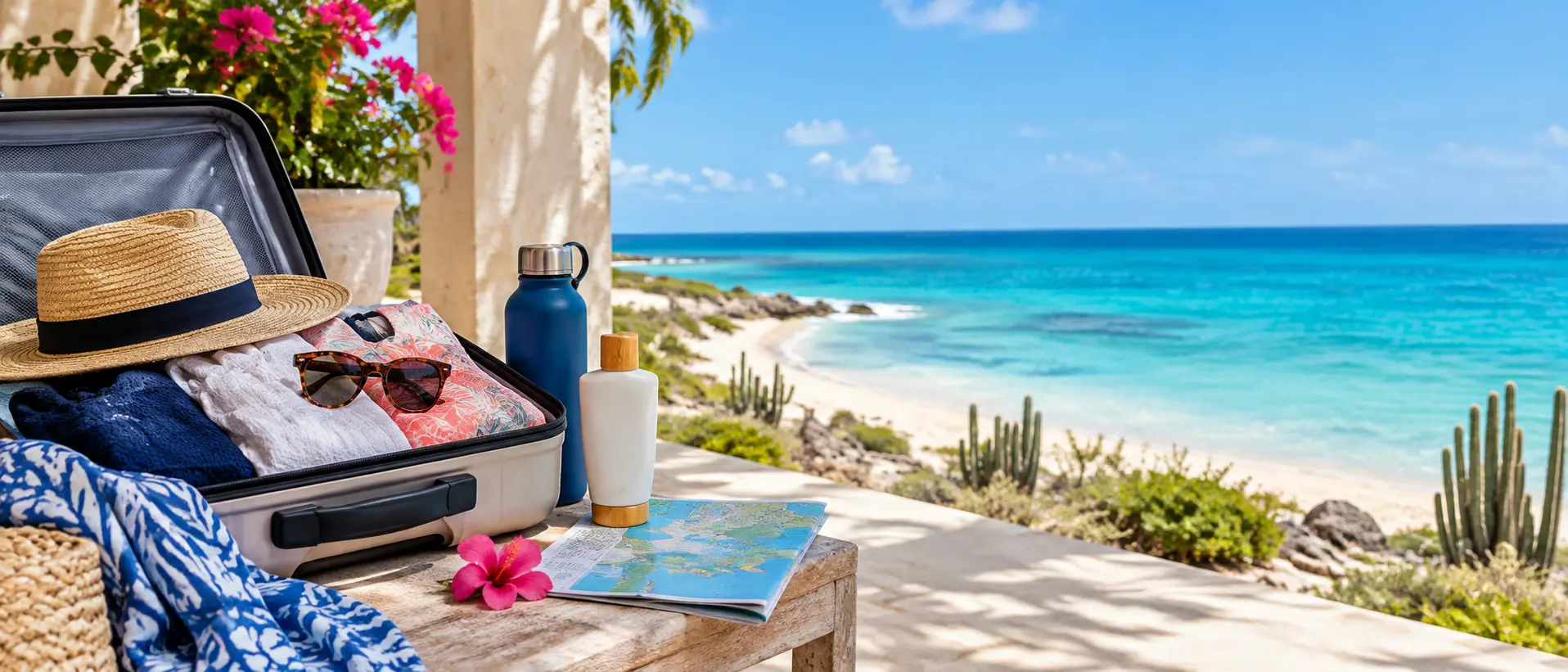 Open suitcase and Aruba coastline