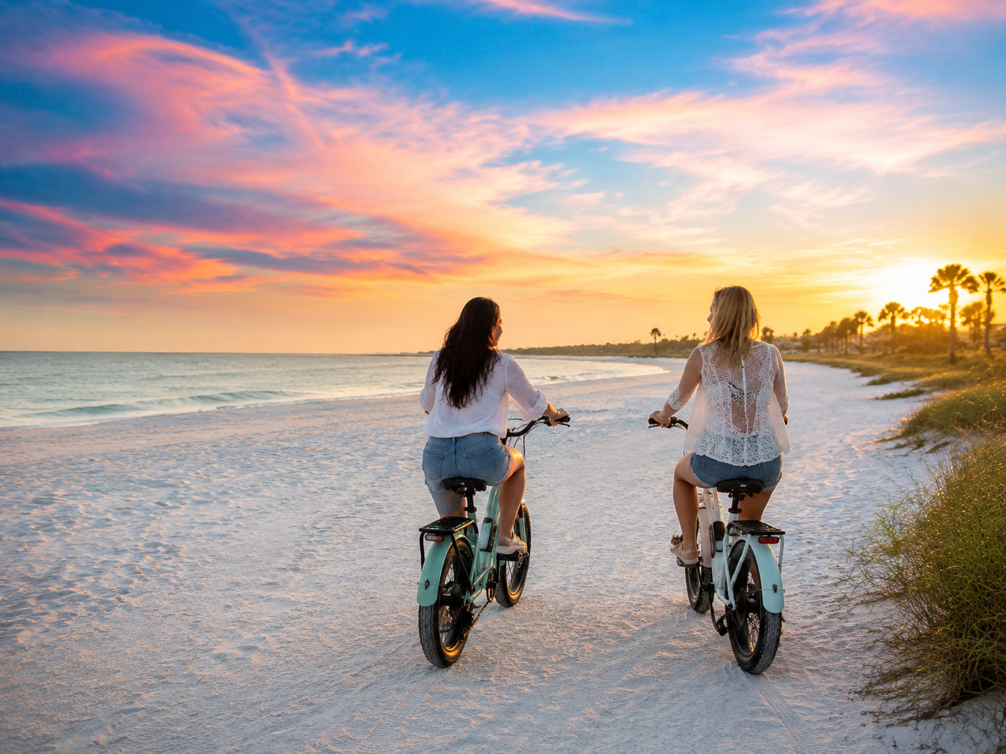Women riding electric bikes on a beach at sunset